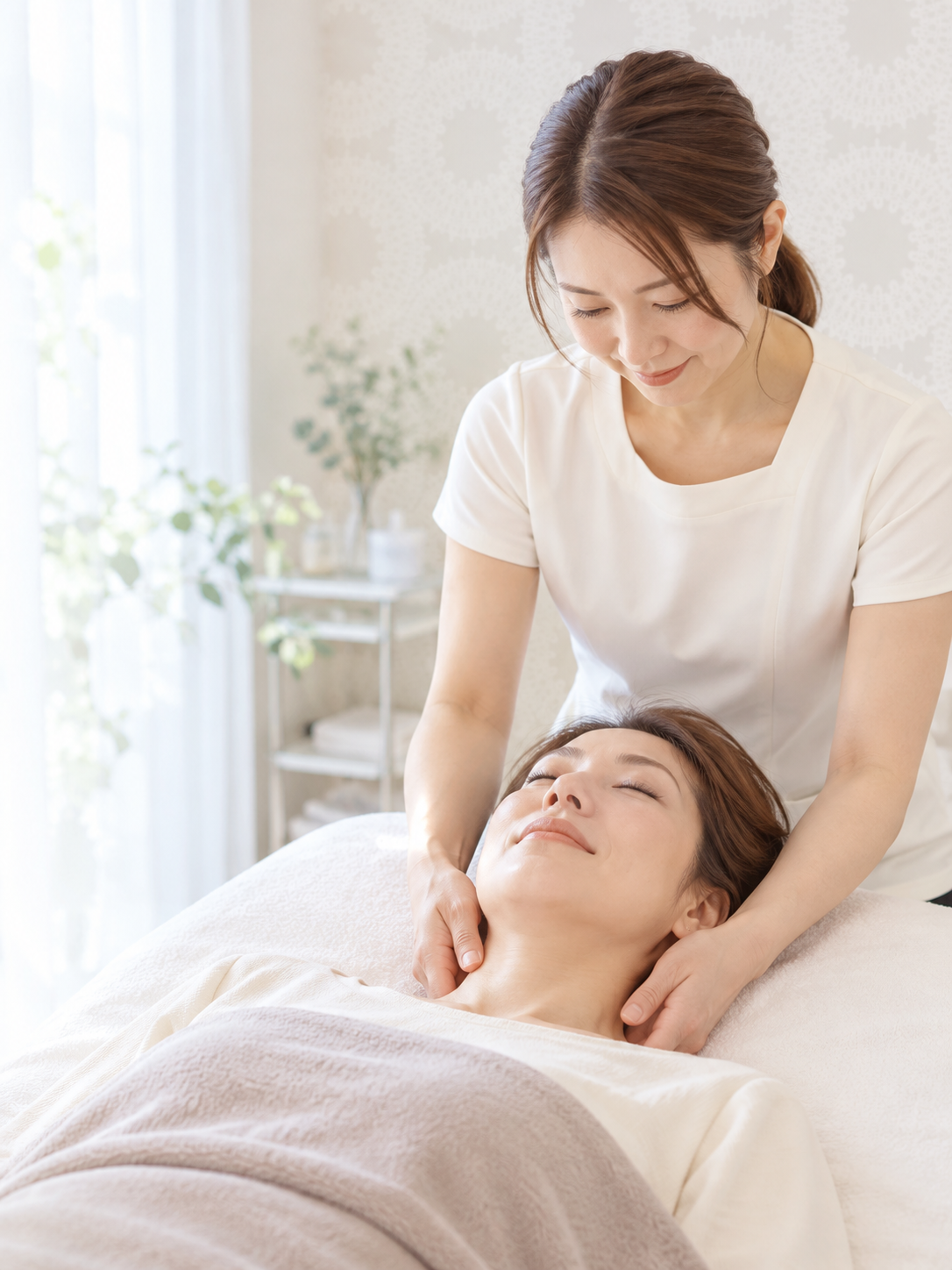 セラピストがお客様の首や肩をやさしくケアする施術風景の生成イメージ